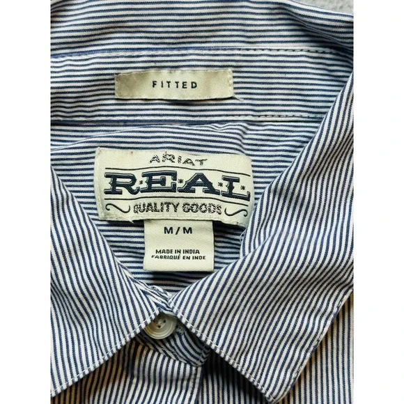 Ariat REAL Shirt Womens Medium Blue White Stripe Fitted Western Button Up